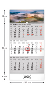 NOTIQUE Nástenný kalendár 3-mesačný Krajina sivý – s českými menami CZ 2026, 29,5 x 43 cm