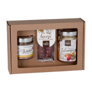 Darčekové balenie Nakladaná zelenina + Hovädzia klobása s korením + Trhané mäso z diviaka s červeným vínom - 900344