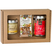 Darčekový balíček Mandle v bielej čokoláde + Čaj sypaný vianočné kúzlo + Med pastový