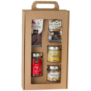 Darčekové balenie Čaj vianočné kúzlo + Mandle v čokoláde + Klobása slávnostná + Med pastový + Orechové maškrtenie