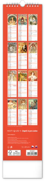 NOTIQUE Nástenný kalendár Alfons Mucha CZ/SK 2027, 12 x 48 cm