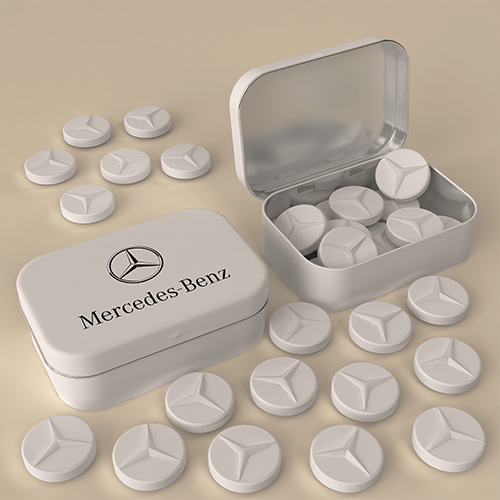 Mentovové cukríky v plechových krabičkách mercedes